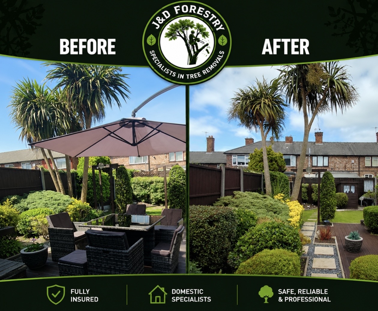Before and after of overgrown palms cleaned up to open the garden