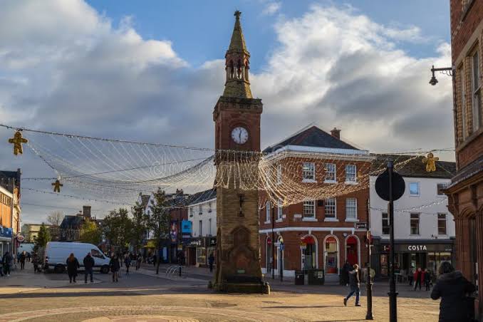 Ormskirk town centre clock tower and market square